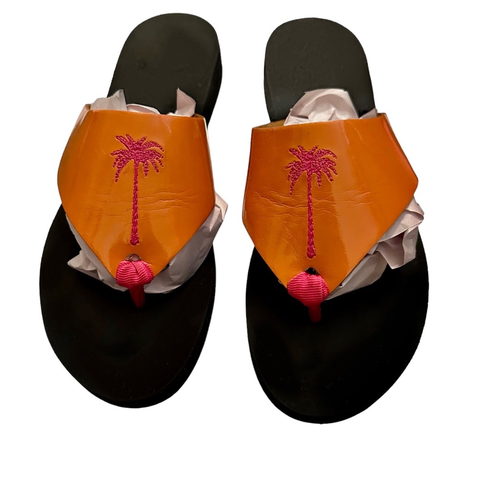 Orange Patent Leather Thong Platform Sandal With Pink Embroidered Palm T…